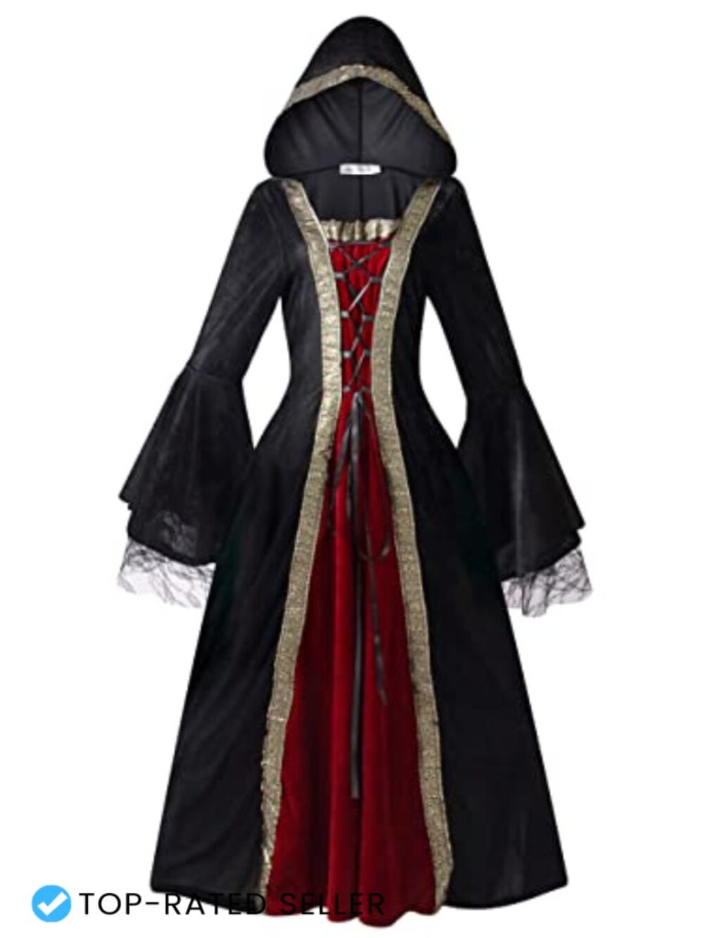 Medieval Renaissance Hooded Costume Dress Lace Flare Sleeve Floor Length